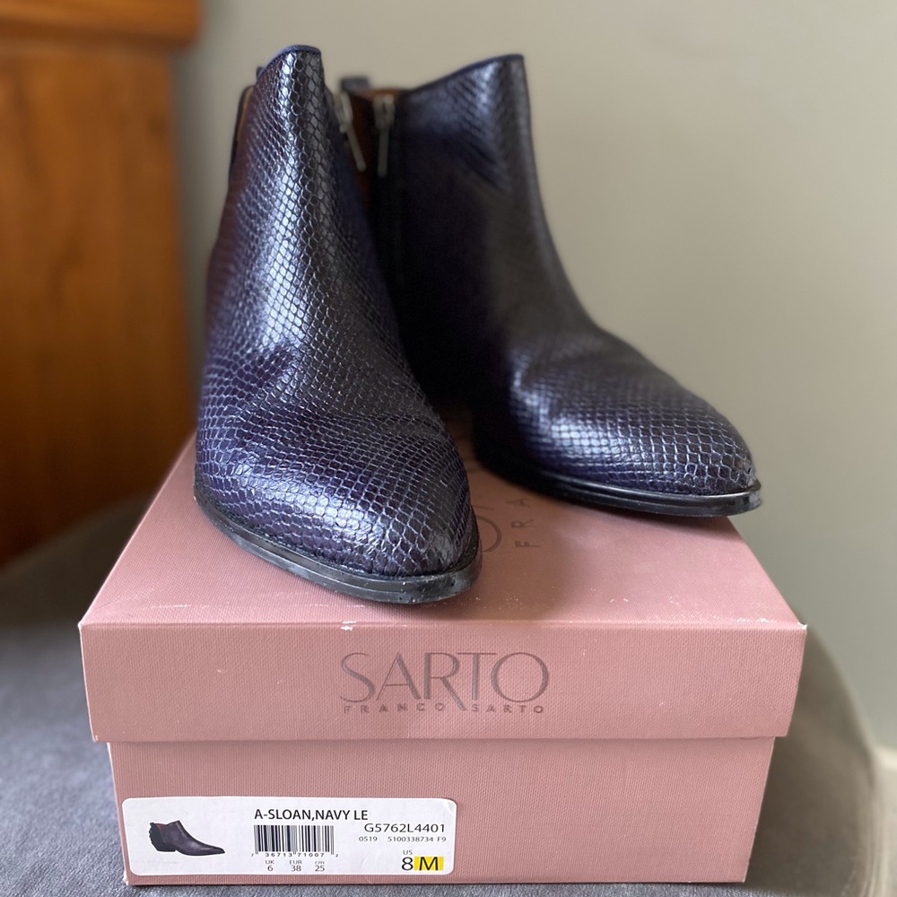 Franco Sarto Sloan Snake Print Leather Block Heel Booties in Navy